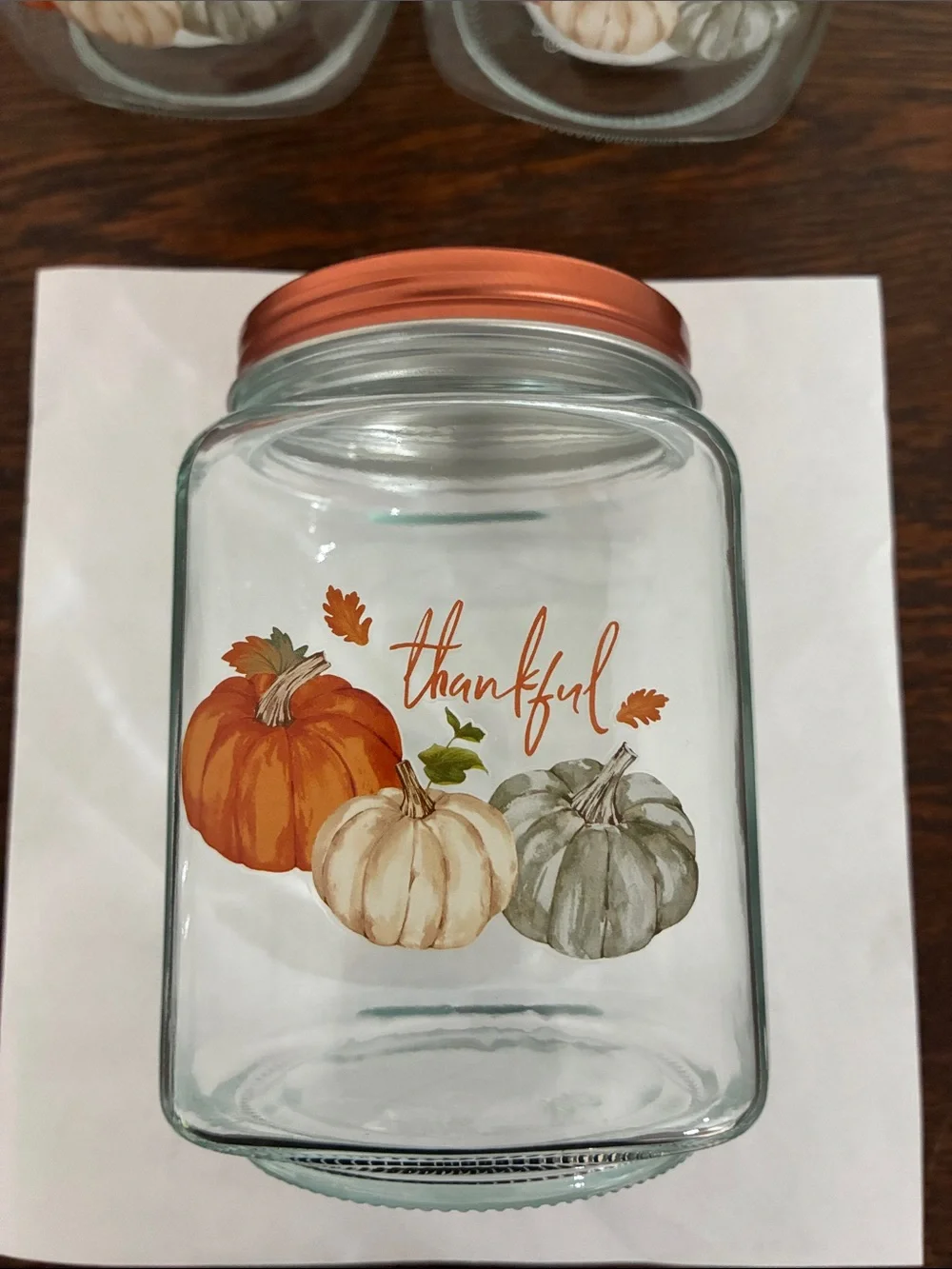 NWT- Set of 3- THANKFUL- Pumpkin Trio Harvest Glass Jars w/ Screw On Copper Lid